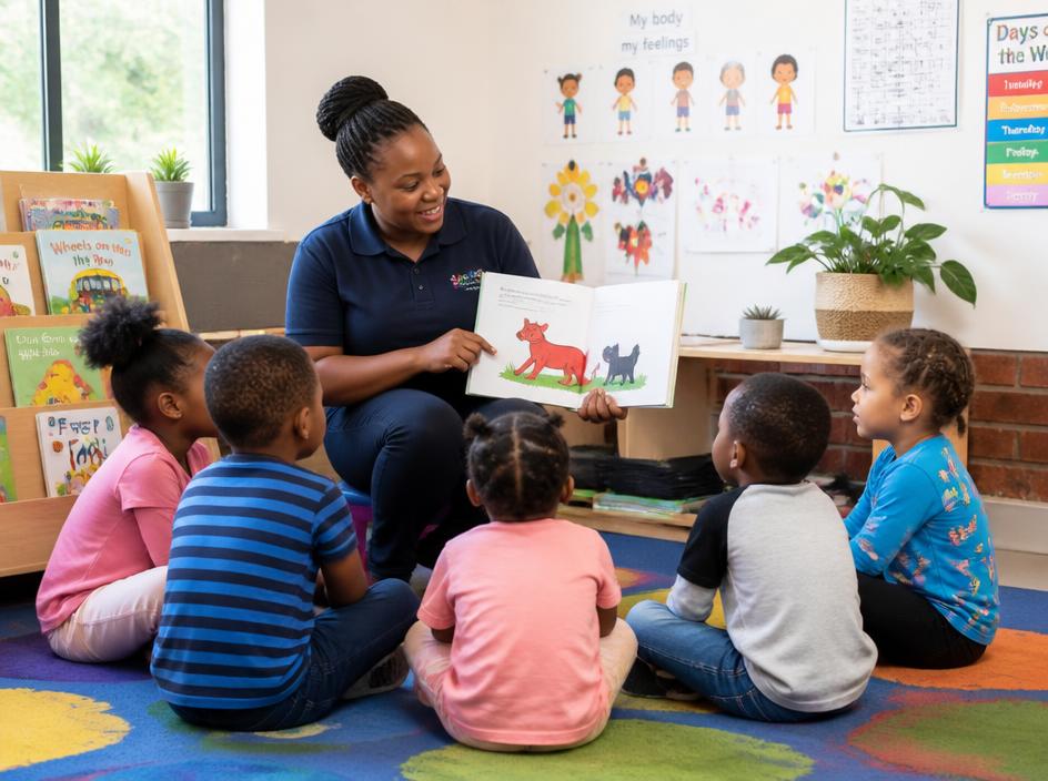 Principal Bonita reading to children at Little Prosperous Educare